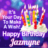 A colorful birthday GIF for Jazmyne featuring a cupcake with vibrant lit candles and the text 'It's Your Day to Make a Wish! Happy Birthday Jazmyne' in bold letters on a festive purple background.