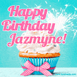 A festive cupcake with pink icing, a gingham bow, and a lit animated sparkler, paired with 'Happy Birthday Jazmyne!' in bright pink text.