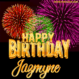 A golden 'Happy Birthday Jazmyne' message with vibrant fireworks in the background, creating a festive and celebratory vibe in this animated name GIF.