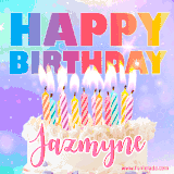 A vibrant animated name GIF with the words 'Happy Birthday Jazmyne' with colorful candles on a creamy cake. The background sparkles with pastel shades, adding a festive touch.
