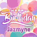 A vibrant name GIF featuring colorful balloons in shades of pink, orange, and yellow with the bold text 'Happy Birthday Jazmyne' in festive fonts, creating a lively birthday vibe.