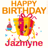 A vibrant and funny gift box character with a happy face dancing with a cupcake and the text 'Happy Birthday Jazmyne,' surrounded by animated confetti and party vibes.