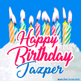 A cheerful animated GIF featuring colorful lit birthday candles on a white cake, with the text 'Happy Birthday Jazper' in bold red and blue script on a bright blue background.