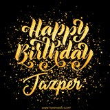 Animated GIF with colorful, festive 'Happy Birthday Jazper' text decorated with patterns, a party hat, and falling confetti. A vibrant and cheerful design for birthday celebrations.