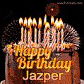 A rich chocolate cake topped with glowing birthday candles and surrounded by bright fireworks. The animated GIF displays the message 'Happy Birthday Jazper' in golden text.