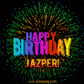 A colorful animated GIF featuring the text 'Happy Birthday Jazper!' in rainbow colors with a dynamic iridescent firework display in the background.