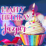 A festive animated GIF featuring a colorful cupcake with a single lit candle, sprinkles, and 'Happy Birthday Jazper' text against a sparkling, celebratory background.