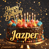 Festive birthday card animation with a chocolate cake, bright lit candles, and gold glittery text saying Happy Birthday Jazper.