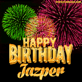A captivating GIF with bursts of green, pink, and orange fireworks lighting up the night sky, accompanied by 'Happy Birthday Jazper' in glowing golden text.