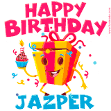 A funny animated birthday GIF with the words 'Happy Birthday Jazpera', colorful gift box with arms and legs, holding a cupcake with a lit candle  with confetti everywhere.