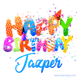 Animated GIF with colorful, festive 'Happy Birthday Jazper' text decorated with patterns, a party hat, and falling confetti. A vibrant and cheerful design for birthday celebrations.