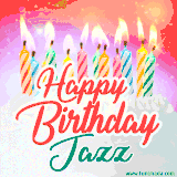 Bright birthday candles with rainbow flames on a cake, alongside the text 'Happy Birthday Jazz' in vibrant script in this celebratory animated GIF.