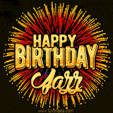 Golden 'Happy Birthday Jazz' text accompanied by animated rainbow fireworks for a festive animated greeting.