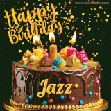 A delightful chocolate birthday cake with bright candles and 'Happy Birthday Jazz' written in gold amidst a shower of animated stars.