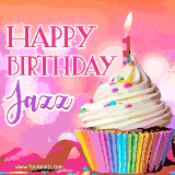 A vibrant birthday GIF featuring a rainbow-colored cupcake topped with white frosting, sprinkles, and a lit candle. The text reads 'Happy Birthday Jazz' in bold pink and violet letters with white outline.
