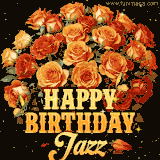 Animated bouquet of orange roses with moving butterfles and golden 'Happy Birthday Jazz' text, surrounded by sparkling accents and a dark backdrop for a luxurious feel.