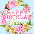 A charming animated GIF featuring 'Happy Birthday Jazz' in pink and green text, surrounded by delicate roses, leaves, and fluttering butterflies on a soft light blue pastel background.