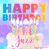 A vibrant animated name GIF with the words 'Happy Birthday Jazz' with colorful candles on a creamy cake. The background sparkles with pastel shades, adding a festive touch.