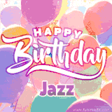A vibrant name GIF featuring colorful balloons in shades of pink, orange, and yellow with the bold text 'Happy Birthday Jazz' in festive fonts, creating a lively birthday vibe.