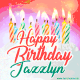 Bright birthday candles with rainbow flames on a cake, alongside the text 'Happy Birthday Jazzlyn' in vibrant script in this celebratory animated GIF.