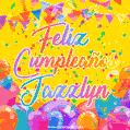 A bright and festive GIF with the text 'Feliz Cumpleaños Jazzlyn' in Spanish in colorful fonts, surrounded by confetti, balloons, and festive banners on a vibrant yellow background.