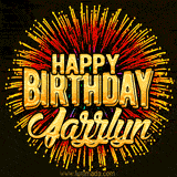 Golden 'Happy Birthday Jazzlyn' text accompanied by animated rainbow fireworks for a festive animated greeting.