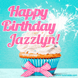 A festive cupcake with pink icing, a gingham bow, and a lit animated sparkler, paired with 'Happy Birthday Jazzlyn!' in bright pink text.