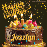 A delightful chocolate birthday cake with bright candles and 'Happy Birthday Jazzlyn' written in gold amidst a shower of animated stars.