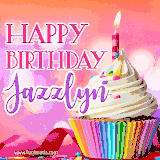 A vibrant birthday GIF featuring a rainbow-colored cupcake topped with white frosting, sprinkles, and a lit candle. The text reads 'Happy Birthday Jazzlyn' in bold pink and violet letters with white outline.