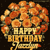 Animated bouquet of orange roses with moving butterfles and golden 'Happy Birthday Jazzlyn' text, surrounded by sparkling accents and a dark backdrop for a luxurious feel.