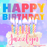 A vibrant animated name GIF with the words 'Happy Birthday Jazzlyn' with colorful candles on a creamy cake. The background sparkles with pastel shades, adding a festive touch.