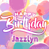 A vibrant name GIF featuring colorful balloons in shades of pink, orange, and yellow with the bold text 'Happy Birthday Jazzlyn' in festive fonts, creating a lively birthday vibe.