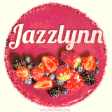 Beautifully decorated red velvet berry birthday cake with vibrant fruits and a glowing 'Jazzlynn' name, adding a touch of sweetness and sparkle.