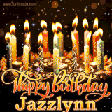 A glowing personalized birthday GIF with name Jazzlynn featuring lit candles with intricate designs, warm lighting, and the text 'Happy Birthday' in an elegant font.