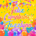 A bright and festive GIF with the text 'Feliz Cumpleaños Jazzlynn' in Spanish in colorful fonts, surrounded by confetti, balloons, and festive banners on a vibrant yellow background.