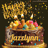 A delightful chocolate birthday cake with bright candles and 'Happy Birthday Jazzlynn' written in gold amidst a shower of animated stars.