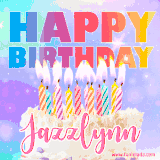 A vibrant animated name GIF with the words 'Happy Birthday Jazzlynn' with colorful candles on a creamy cake. The background sparkles with pastel shades, adding a festive touch.