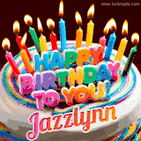 A colorful birthday cake topped with lit candles, with the words 'Happy Birthday Jazzlynn' in bold glowing letters on a burgundy background. Animated flames add a festive touch.