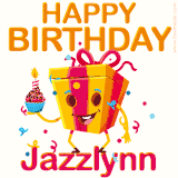 A vibrant and funny gift box character with a happy face dancing with a cupcake and the text 'Happy Birthday Jazzlynn,' surrounded by animated confetti and party vibes.