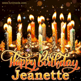 A glowing personalized birthday GIF with name Jeanette featuring lit candles with intricate designs, warm lighting, and the text 'Happy Birthday' in an elegant font.