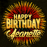 Golden 'Happy Birthday Jeanette' text accompanied by animated rainbow fireworks for a festive animated greeting.