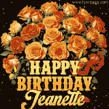 Animated bouquet of orange roses with moving butterfles and golden 'Happy Birthday Jeanette' text, surrounded by sparkling accents and a dark backdrop for a luxurious feel.