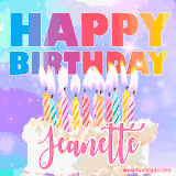 A vibrant animated name GIF with the words 'Happy Birthday Jeanette' with colorful candles on a creamy cake. The background sparkles with pastel shades, adding a festive touch.