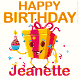 A vibrant and funny gift box character with a happy face dancing with a cupcake and the text 'Happy Birthday Jeanette,' surrounded by animated confetti and party vibes.