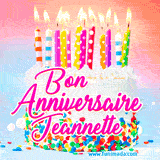 A white birthday cake covered in colorful sprinkles, topped with bright candles, and French text 'Bon Anniversaire Jeannette' on a pastel gradient background in an animated GIF.