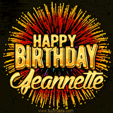 Golden 'Happy Birthday Jeannette' text accompanied by animated rainbow fireworks for a festive animated greeting.