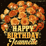 Animated bouquet of orange roses with moving butterfles and golden 'Happy Birthday Jeannette' text, surrounded by sparkling accents and a dark backdrop for a luxurious feel.