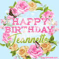 A charming animated GIF featuring 'Happy Birthday Jeannette' in pink and green text, surrounded by delicate roses, leaves, and fluttering butterflies on a soft light blue pastel background.