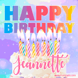 A vibrant animated name GIF with the words 'Happy Birthday Jeannette' with colorful candles on a creamy cake. The background sparkles with pastel shades, adding a festive touch.