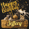 Celebrate Jeffery's birthday with a GIF featuring chocolate cake, a lit sparkler, and golden stars